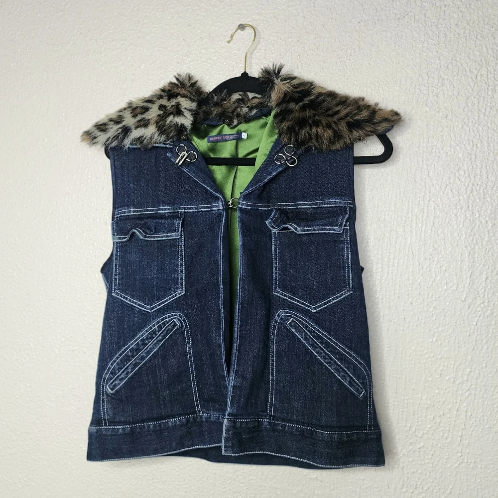 Harvey Faircloth Denim Vest with Faux Fur Collar size Medium - Picture 3 of 12